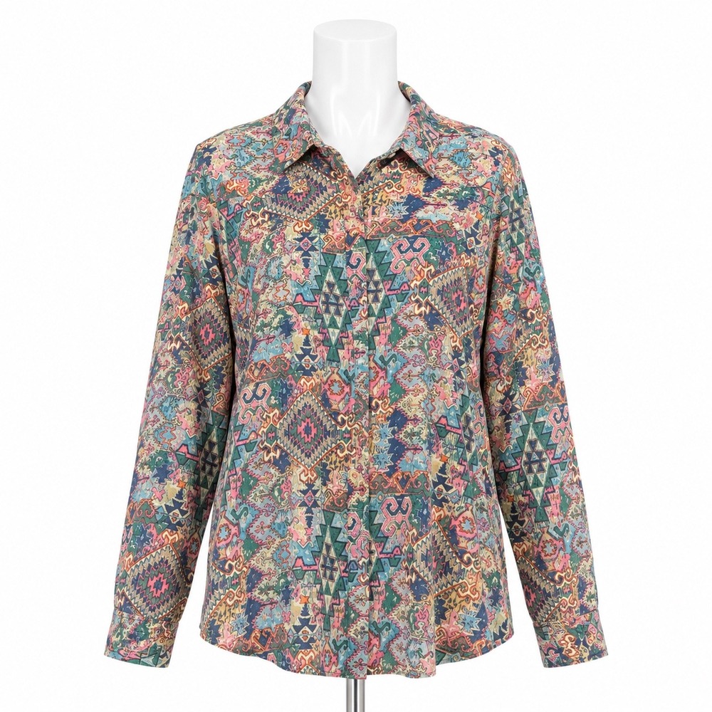 Lemon Grass Button Down Shirt Womens Large Multi Color Tribal Rayon Long Sleeve